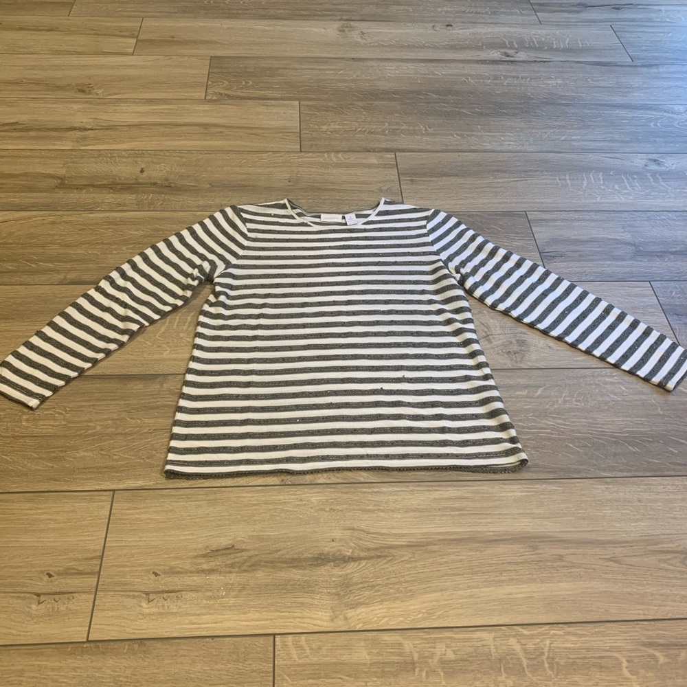 Chico’s green/white striped tee with sequins